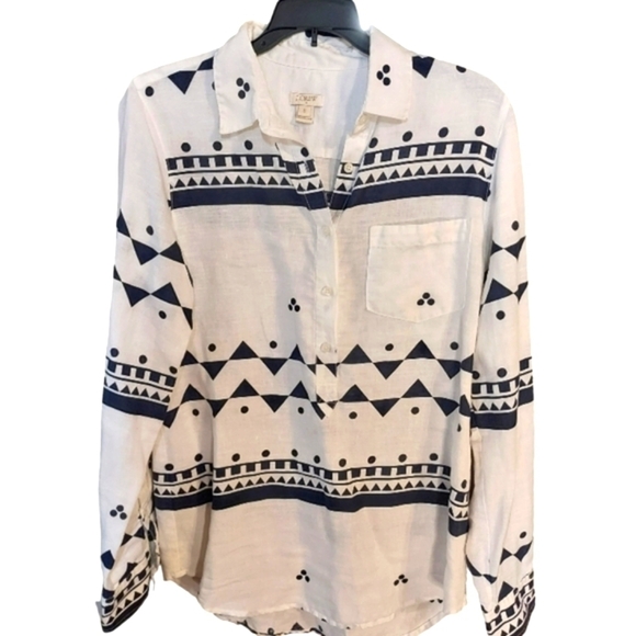 J.Crew Small Aztec print long Sleeve pullover Top 100% Linen white and navy. - Picture 3 of 11